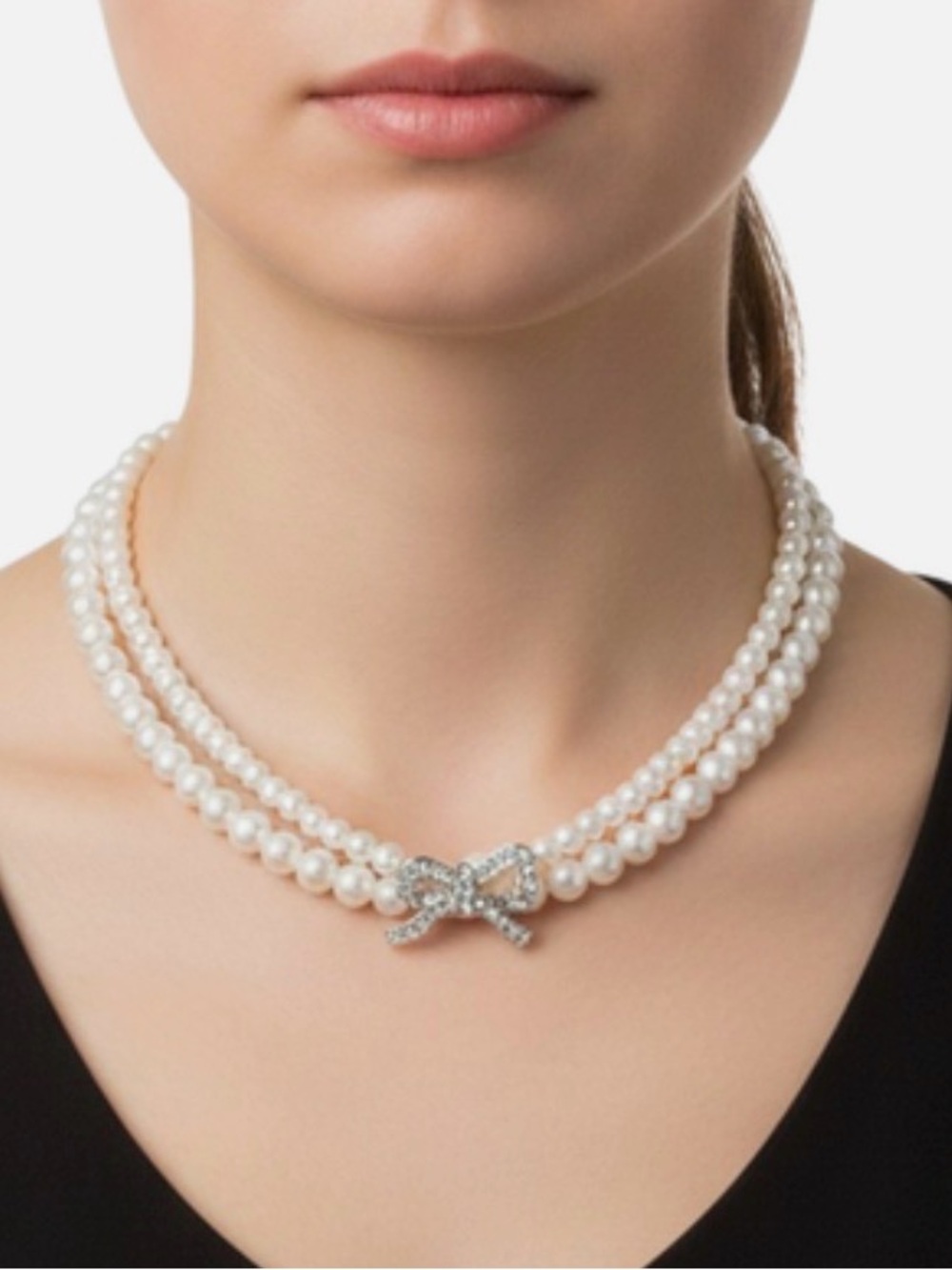 Talbots Faux Pearl Choker Necklace & Bracelet Set | Rhinestone Bow | Bridal - Picture 6 of 6